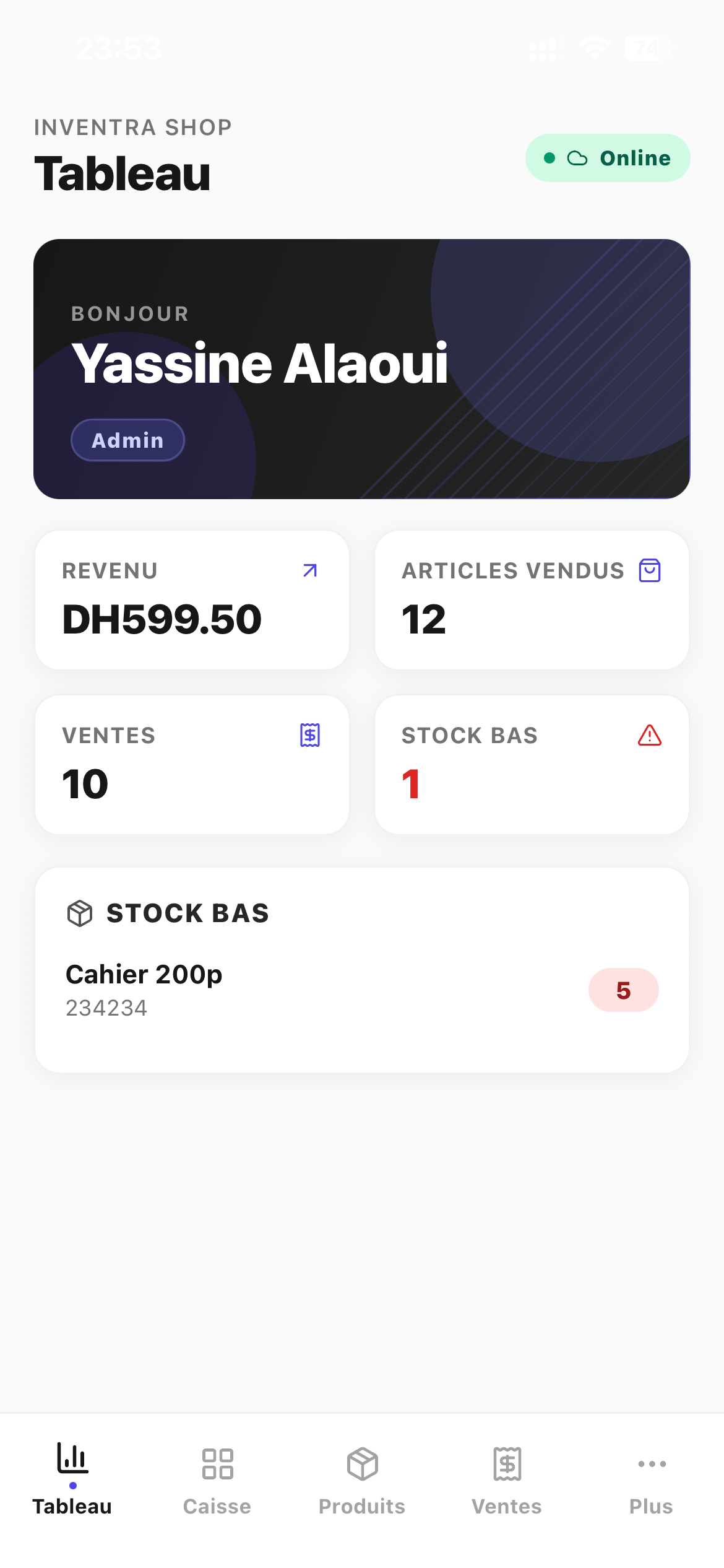 Tableau de bord — application mobile Inventra